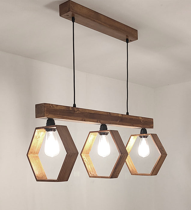 Hexagram Brown Wooden 3 Series Hanging Lamp