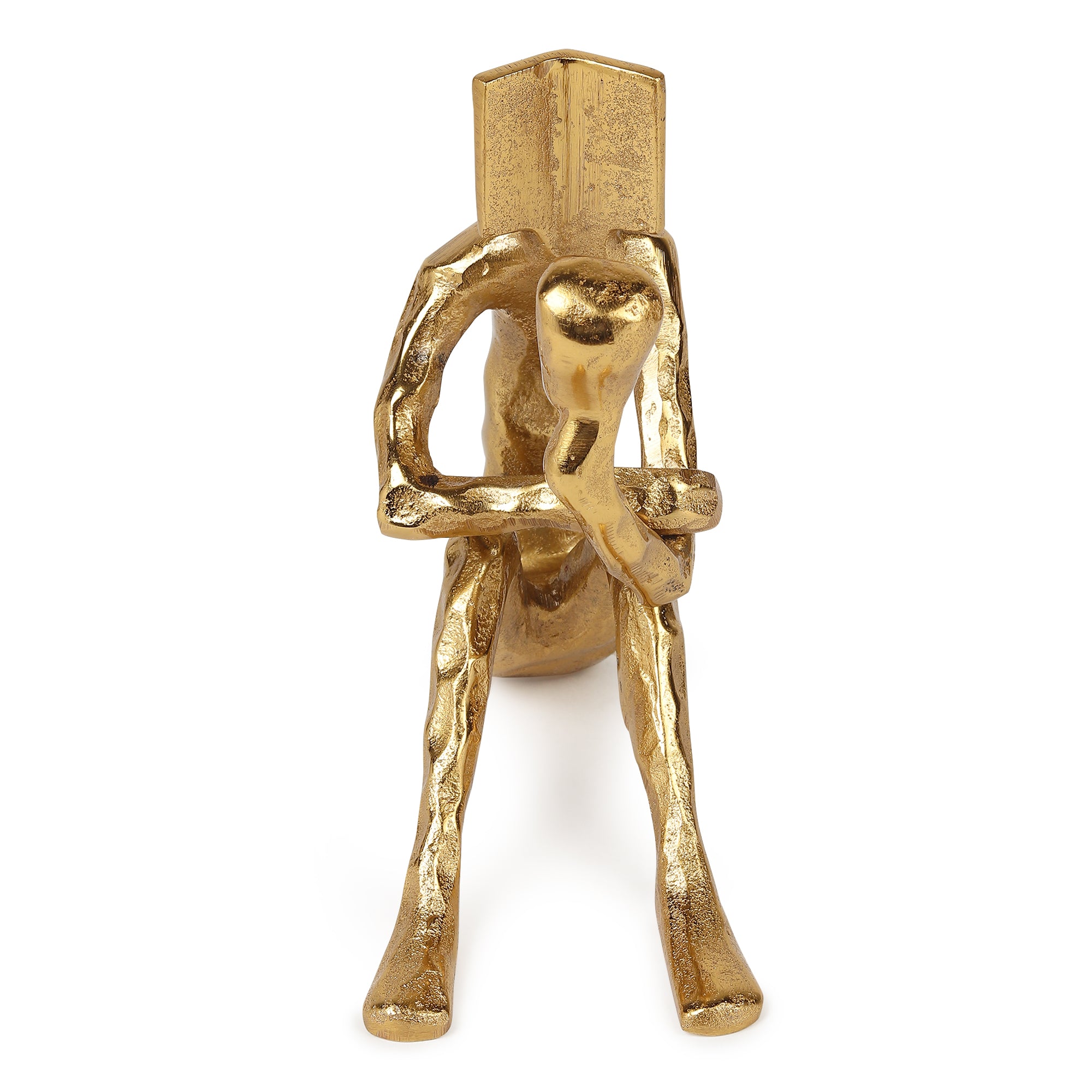 Pensive Reader Decorative Sculpture | Gold Aluminium Reading Figurine for Bookshelf & Home Décor