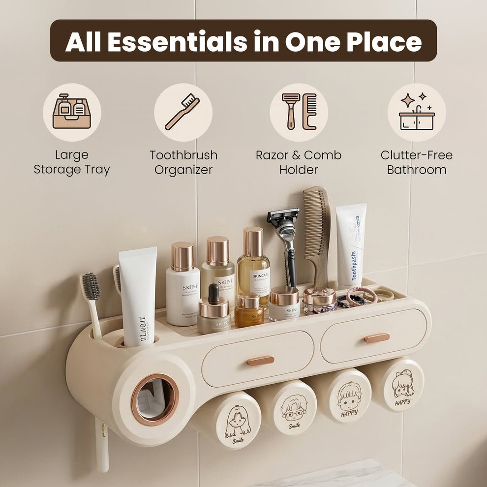 Wall Mounted Toothbrush Storage Holder | Mounted Organizer Plastic Brush Stand | Bathroom Accessories Set Toothpaste Dispenser | Built-in Drawer- Cream