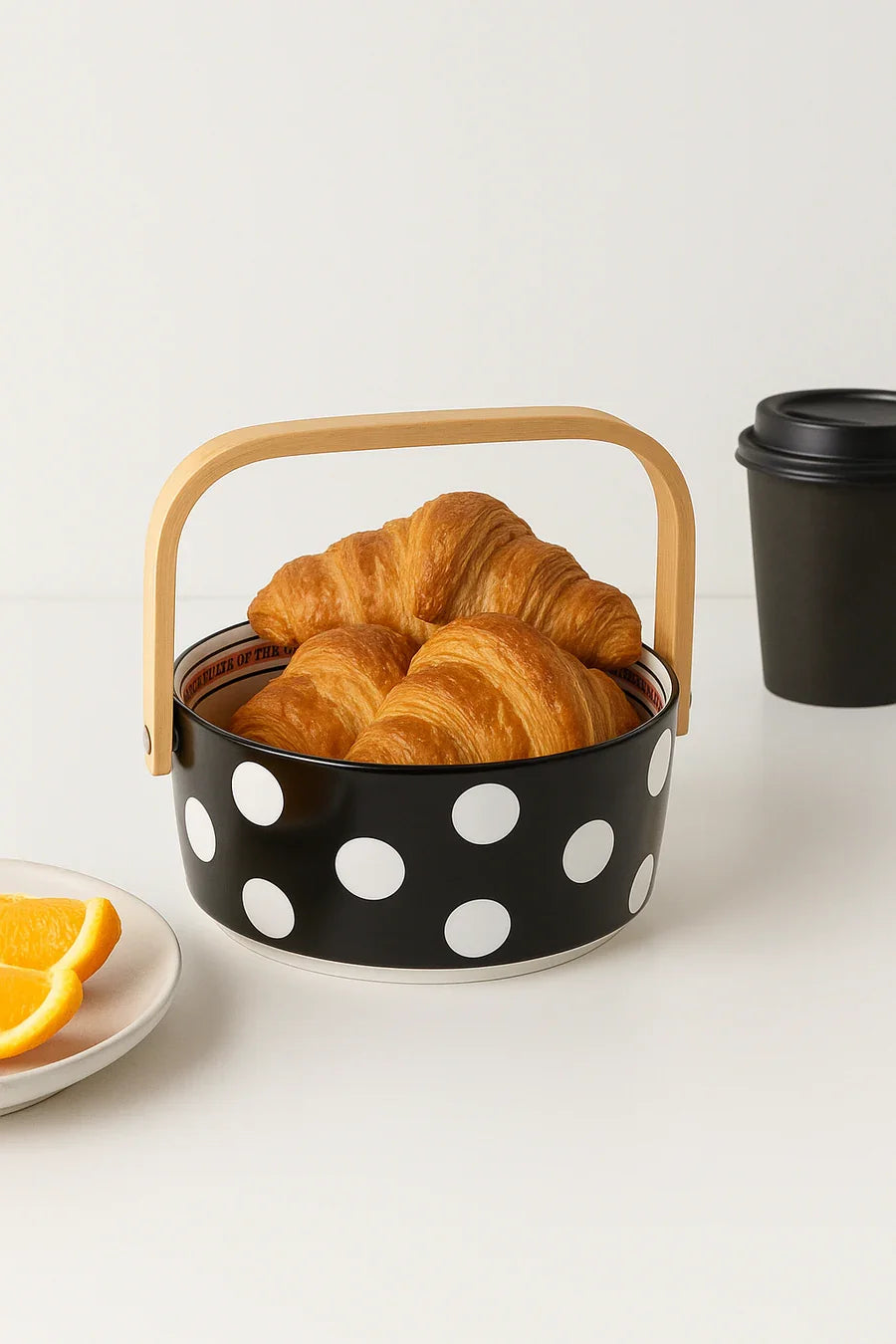 Polka Dot Ceramic Basket with Wooden Handle – Multipurpose Bowl for Snacks, Fruits & Décor
