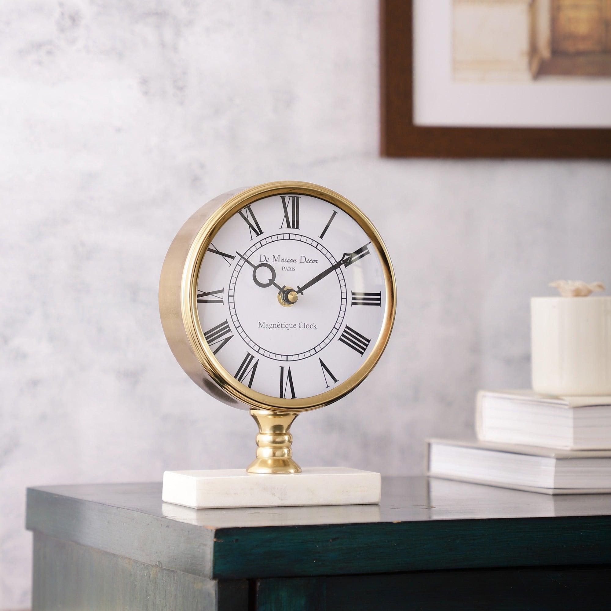 Seraphic Gold Marble Table Clock | Desk & Mantel Timepiece | Designer Office Desk Accessoried