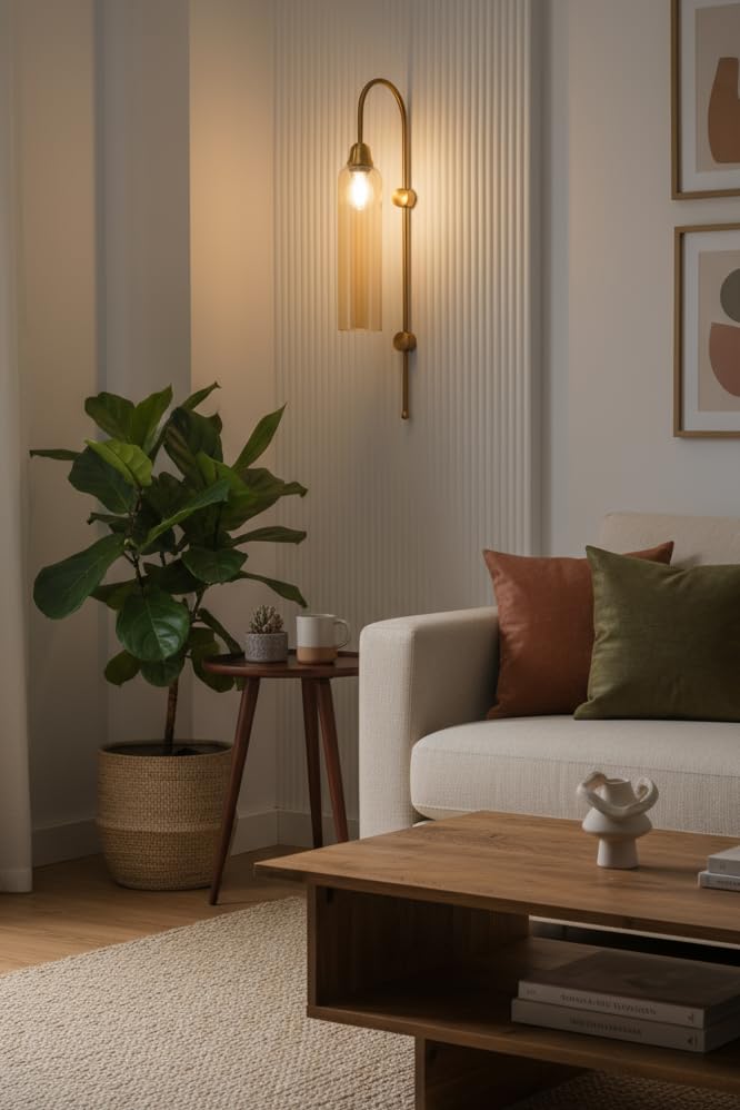 Modern Wall Lamp Antique Brass Finish with Golden Luster Long Glass for Bedside, Living Room, Bedroom, Home Decoration, Restaurant