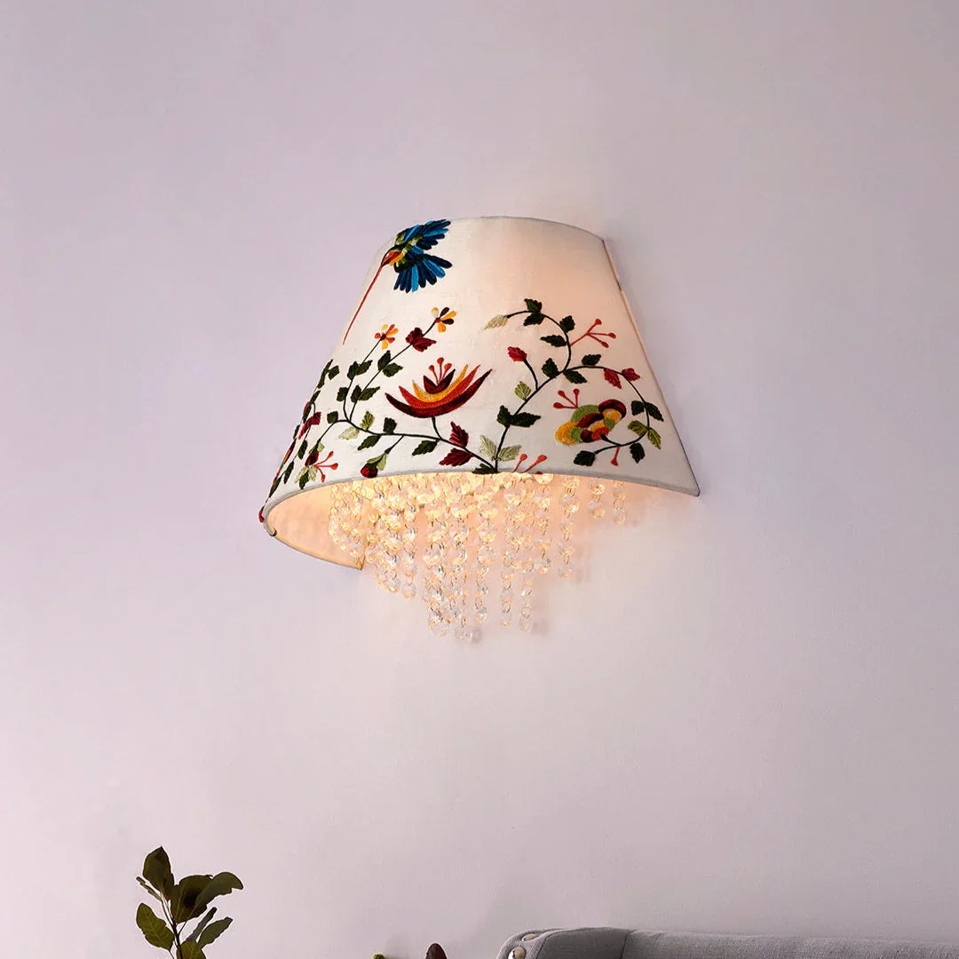 Contemporary Embroidered Hummingbird Wall Lamp with Crystal Accents