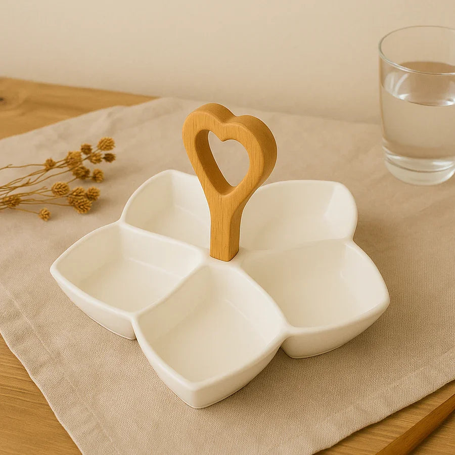 5-Section Ceramic Snack Tray with Wooden Heart Handle