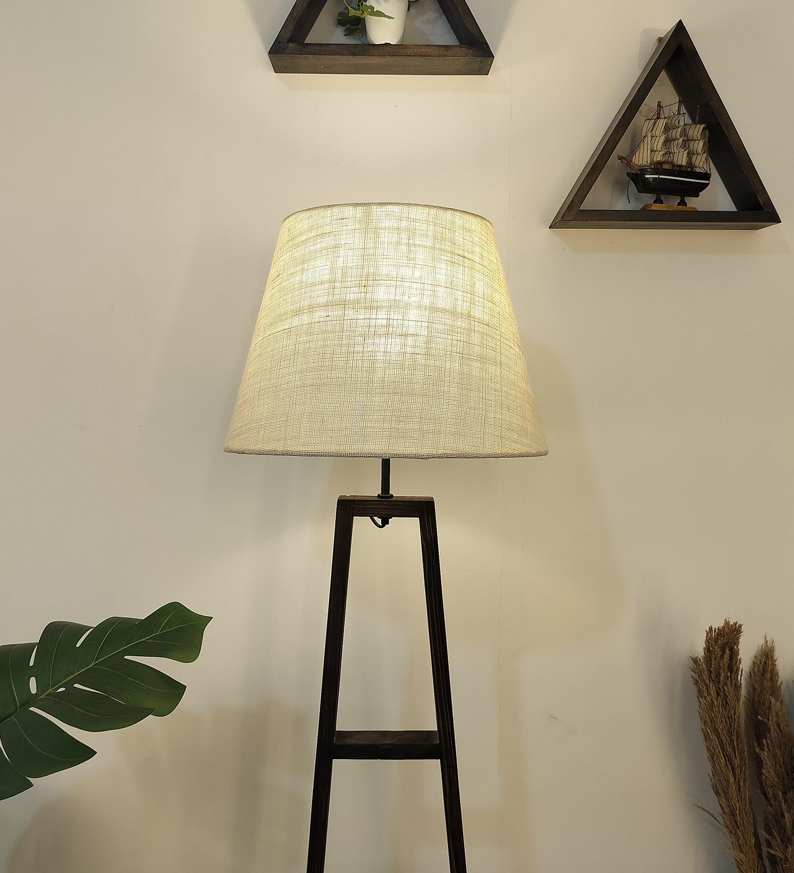 Salita Wooden Floor Lamp with Brown Base and Beige Fabric Lampshade