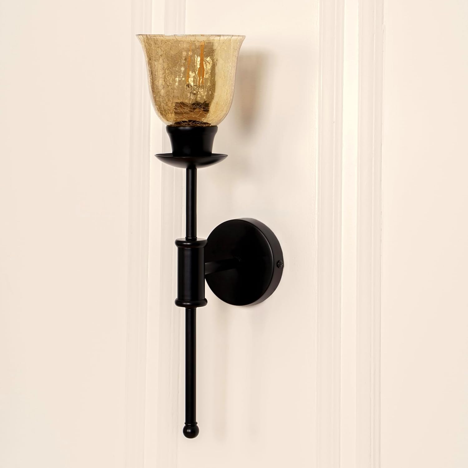 Black Polished Finish Spacer Wall Lamp with Cup Crackled Glass Golden Luster Shade