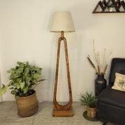 Cavern Wooden Floor Lamp with Brown Base and Jute Fabric Lampshade