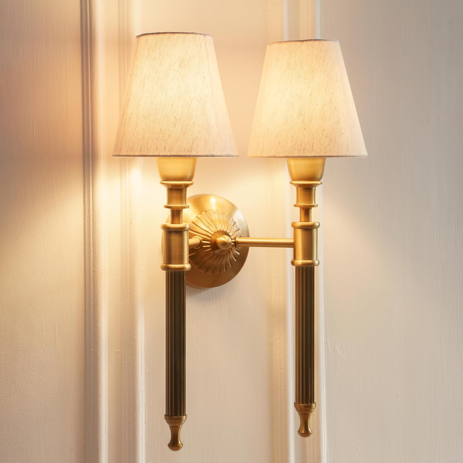 Double Corrugated Wall Lamp Antique Brass Finish with Off White Shade for Living Room, Bedroom, Home Decoration Wall Light