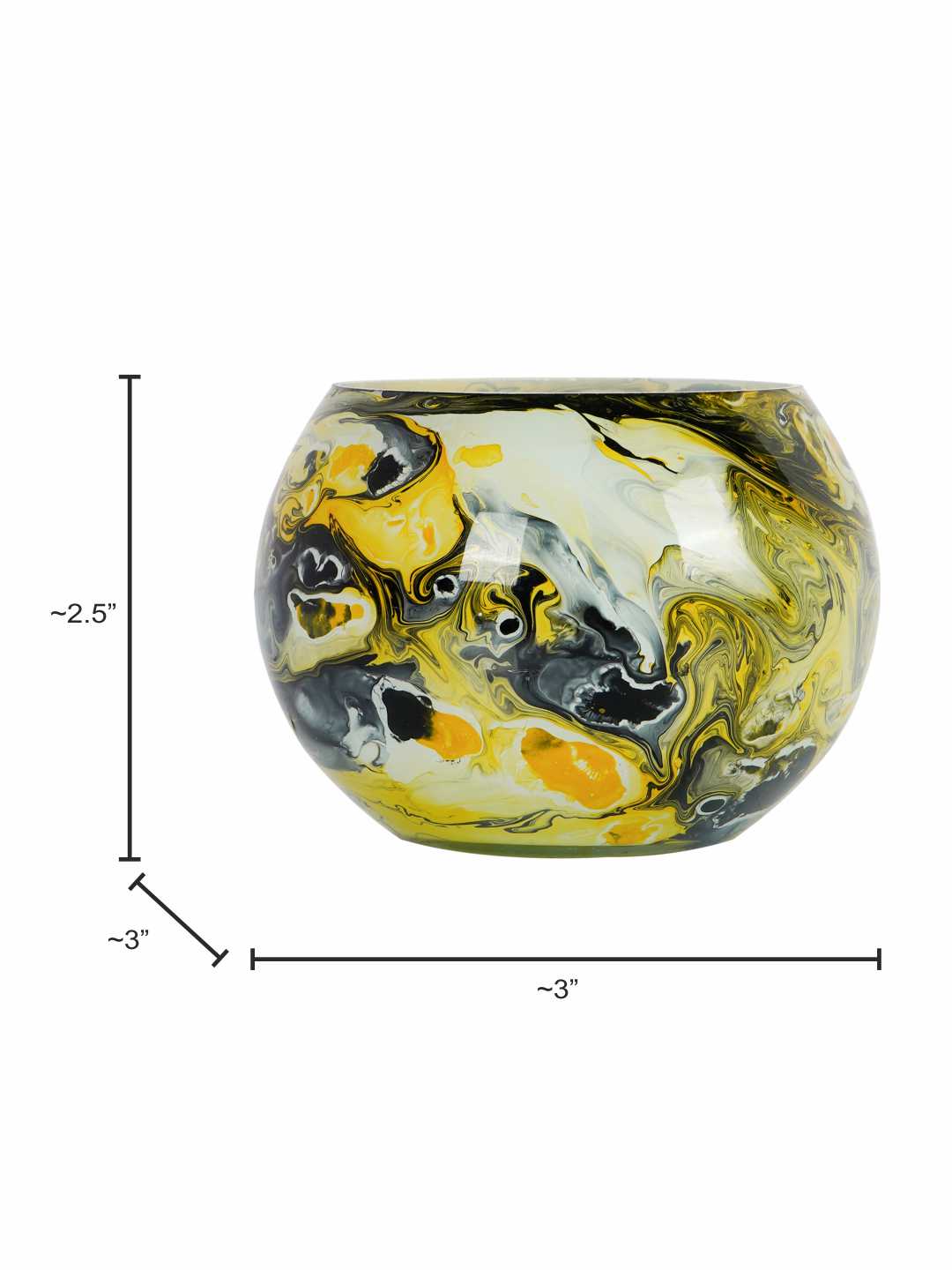 Midnight & Mustard: Round Glass Tea Light Holder with Bold Yellow & Black Marble