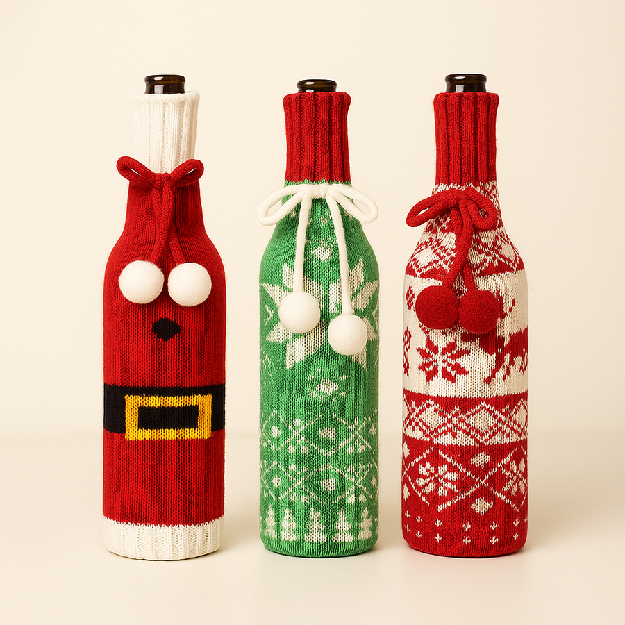 Woolen Christmas Wine Covers – Santa, Snowflake & Reindeer Design-Red Green