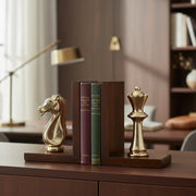 Stalemate Book Ends | Chess Piece Bookends with Walnut Wood Base for Shelf Décor | Book Stopper