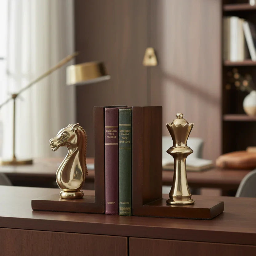 Stalemate Book Ends | Chess Piece Bookends with Walnut Wood Base for Shelf Décor | Book Stopper