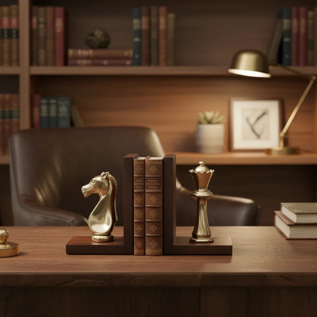 Stalemate Book Ends | Chess Piece Bookends with Walnut Wood Base for Shelf Décor | Book Stopper