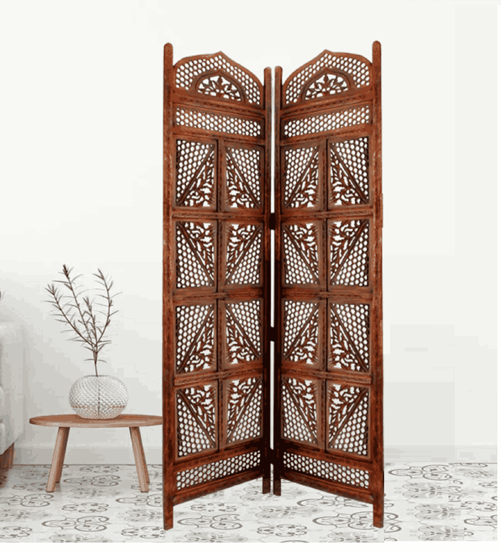 Mango Wood Folding Room Divider with Decorative MDF Jali