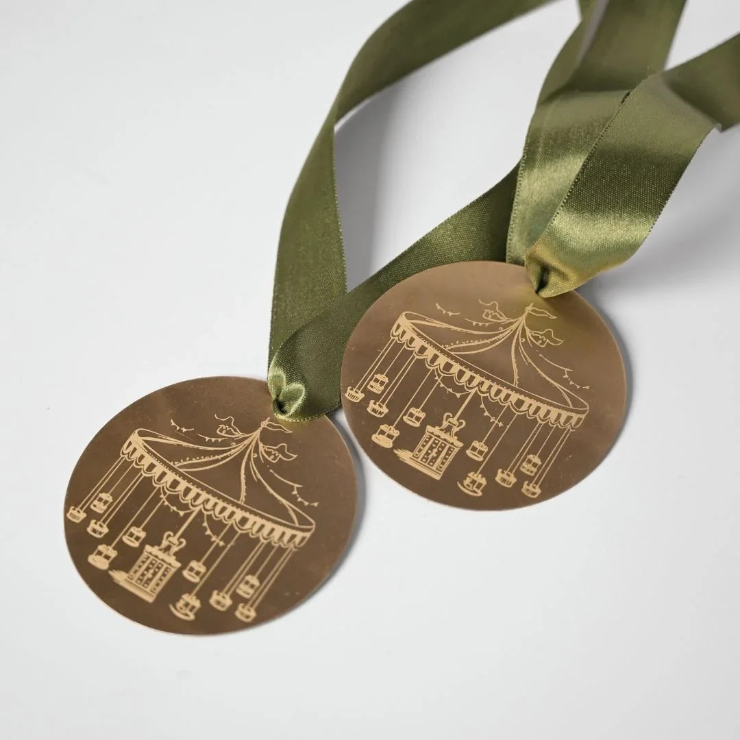 Brass Carousel Hanging Ornament – Laser-Etched Decor with Linen Yellow or Satin Green Ribbon | Luxury Christmas & Home Decor