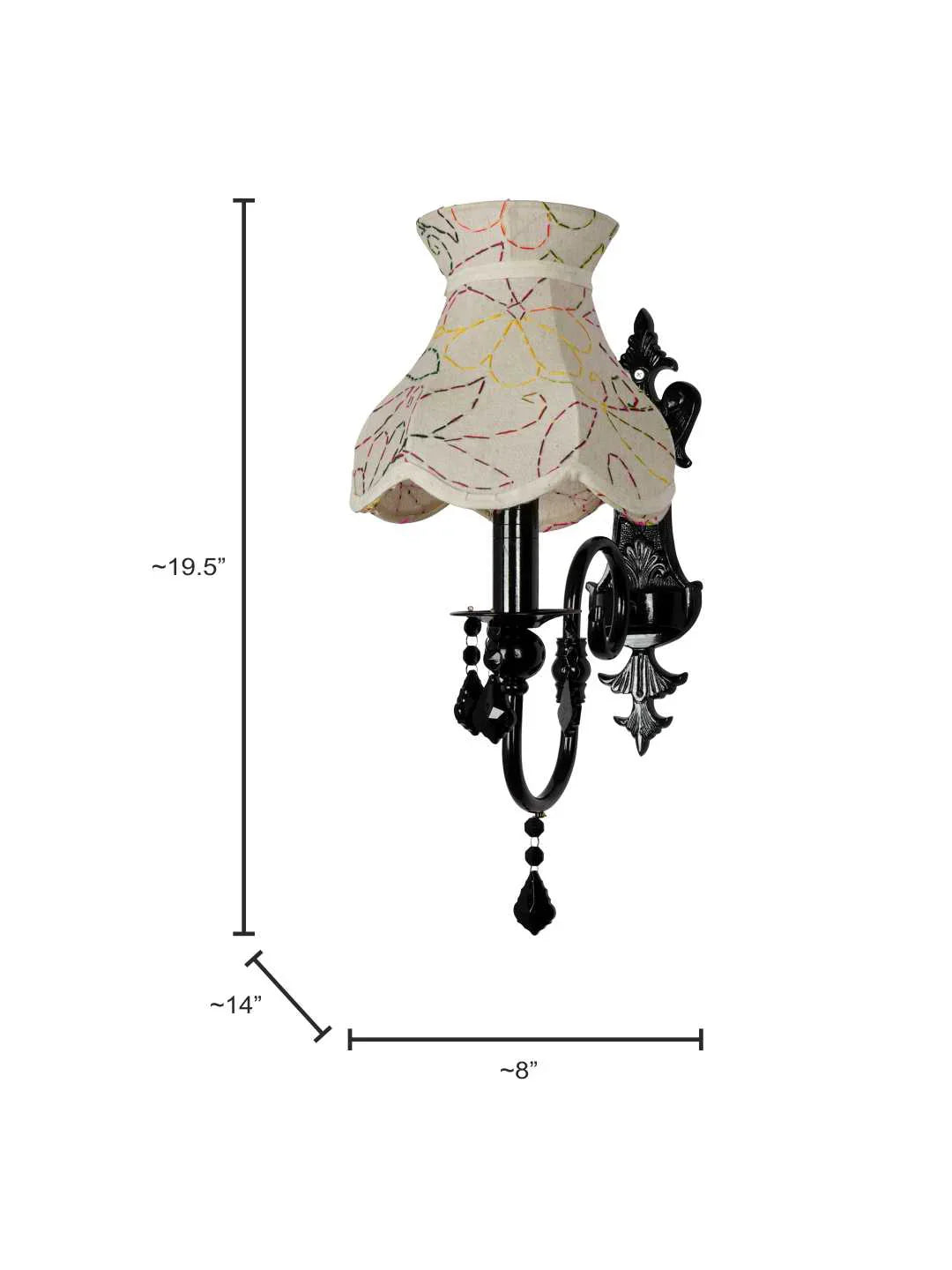 Black Wall Sconce with Green Embroidered Scalloped Shade and Crystals