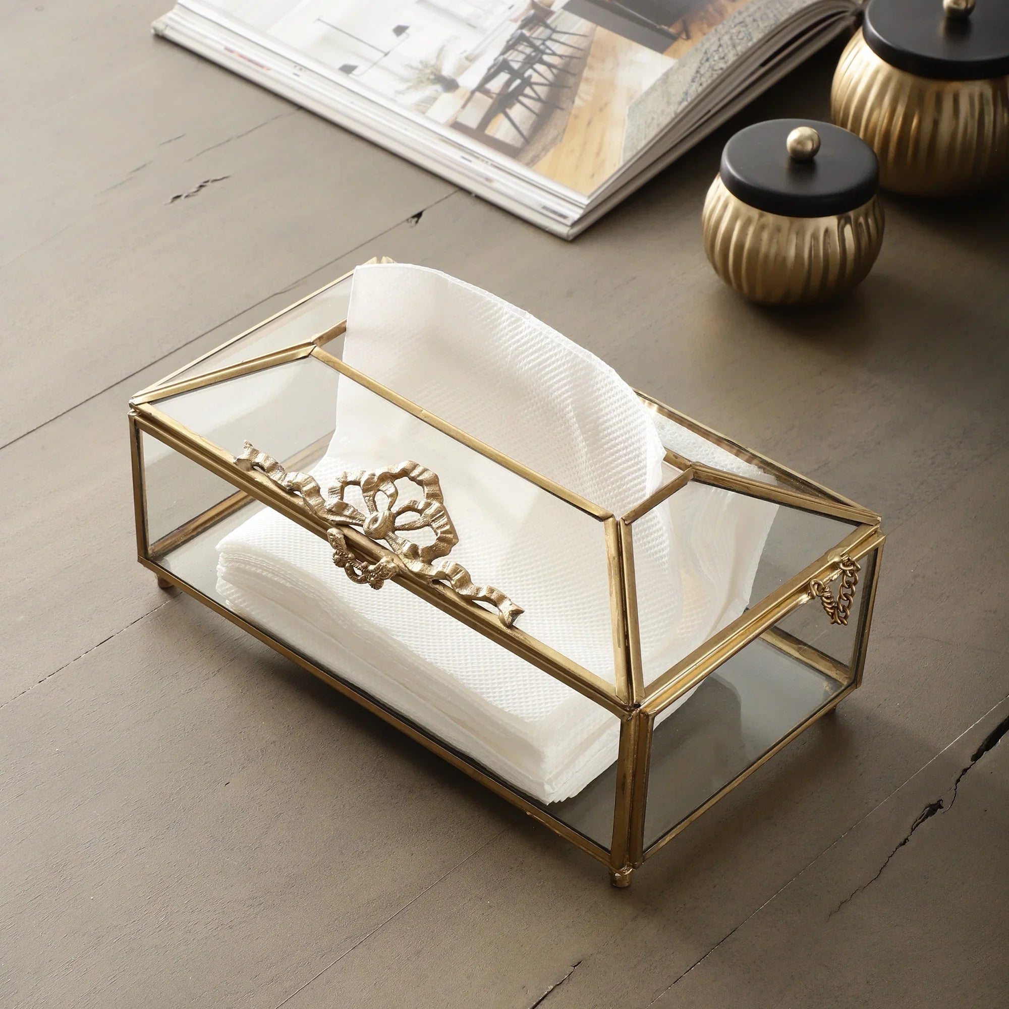 Royal Crown Brass & Glass Napkin Box