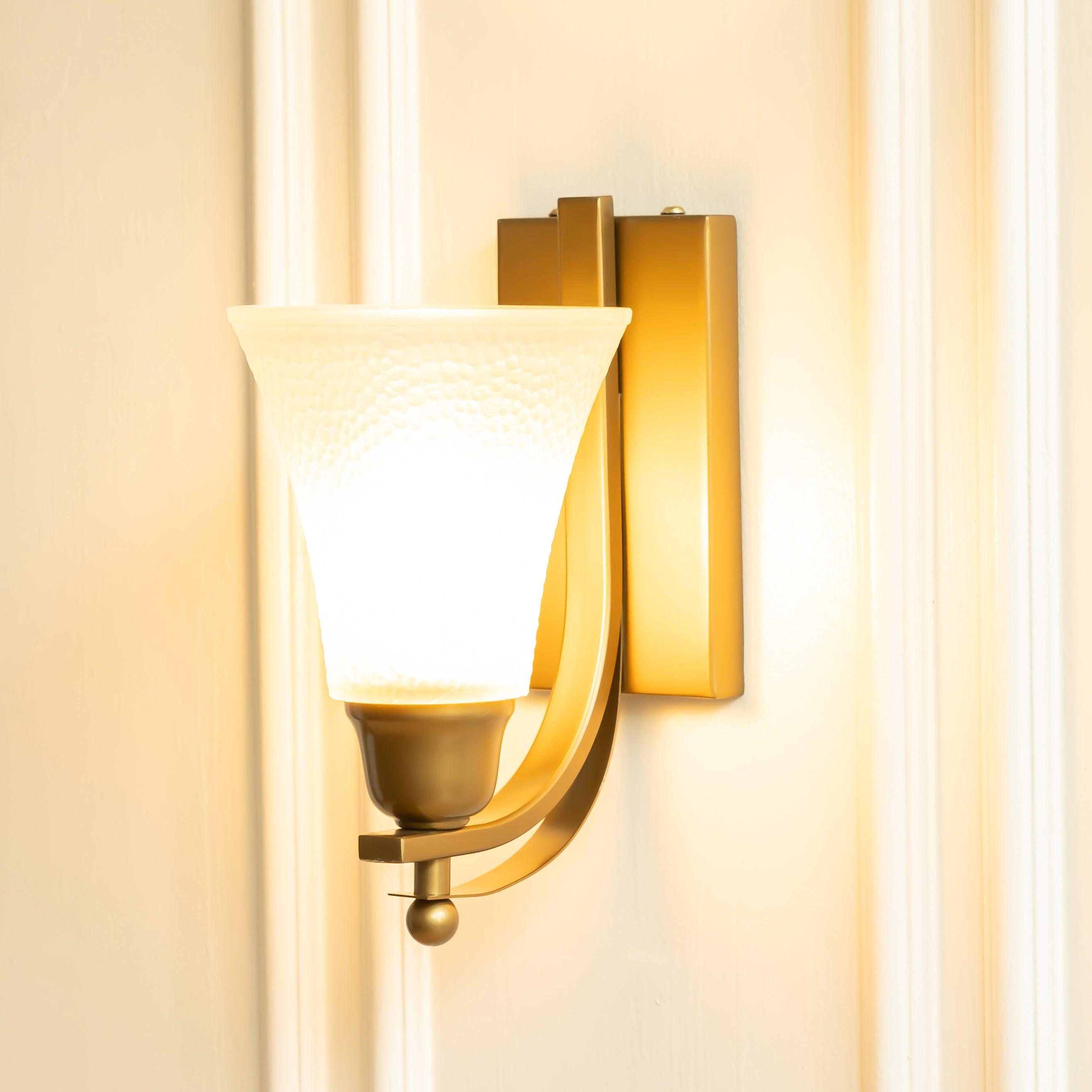 Brass Antique Finish J Wall Lamp with Frosted Hammered Glass Shade | Wall Light for Living Room