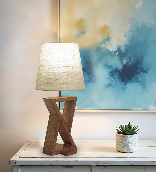 Chloe Brown Wooden Table Lamp with White Jute Lampshade