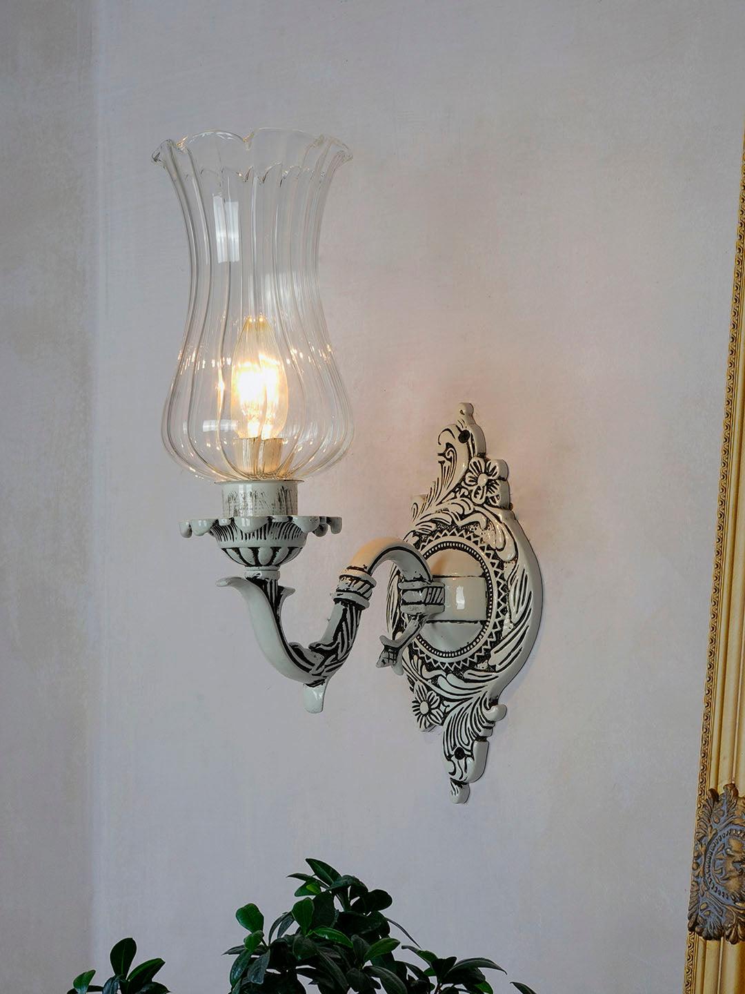 Traditional Swan Single Wall Lamp in Antique White with Fluted Glass Shade
