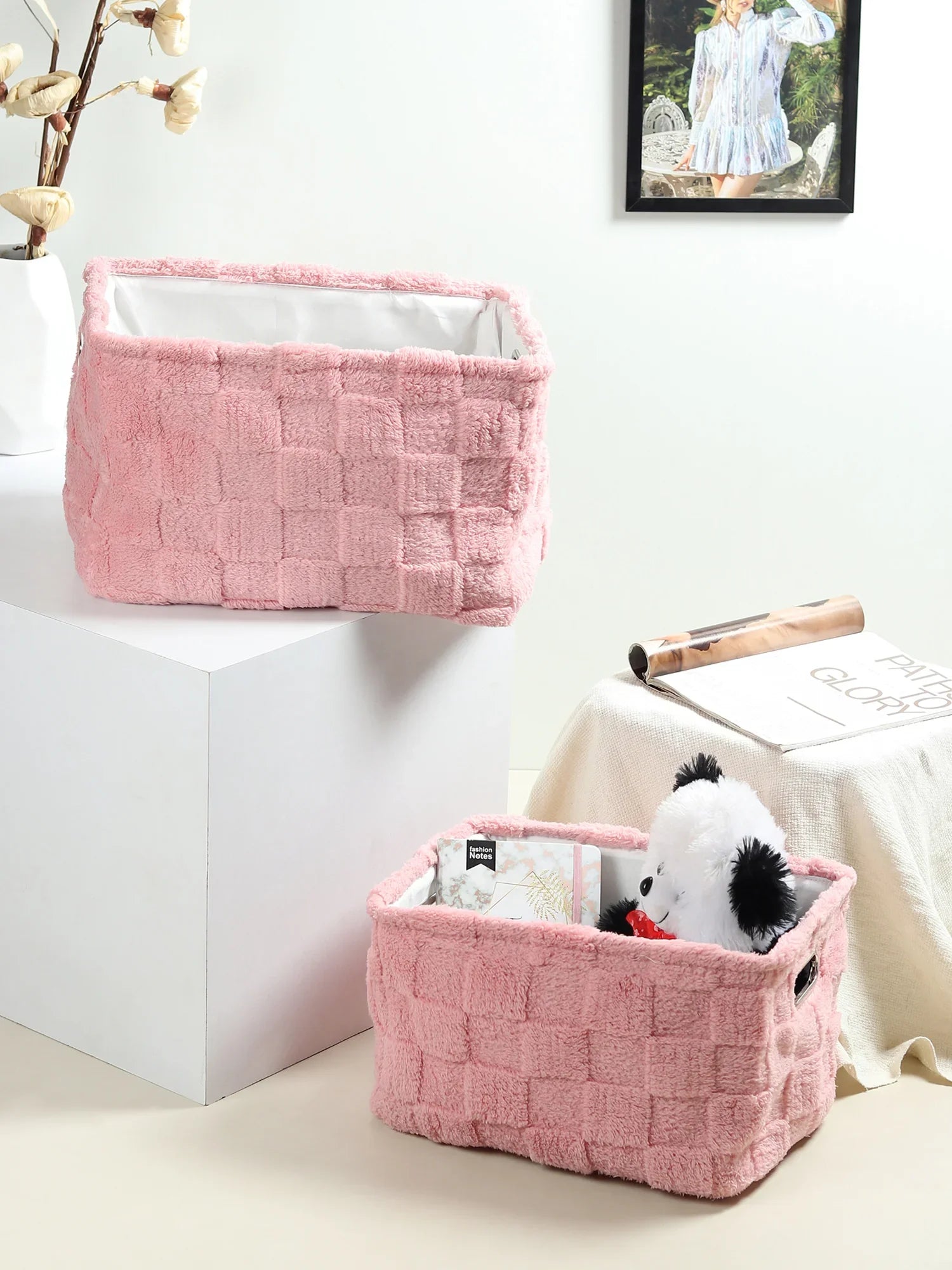 Soft Grid Plush Storage Basket Set of 2