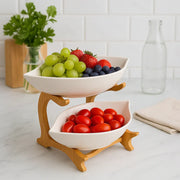 2-Tier Ceramic Serving Bowls with Wooden Stand