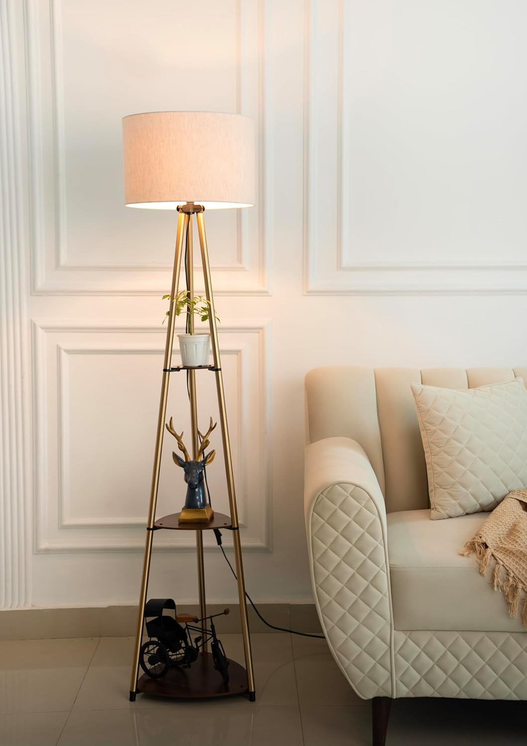 3 Shelves Floor Lamp Black Polished 5 Feet Height with 16” Diameter Off White Shade for Living Room, Bedroom and Home Decoration