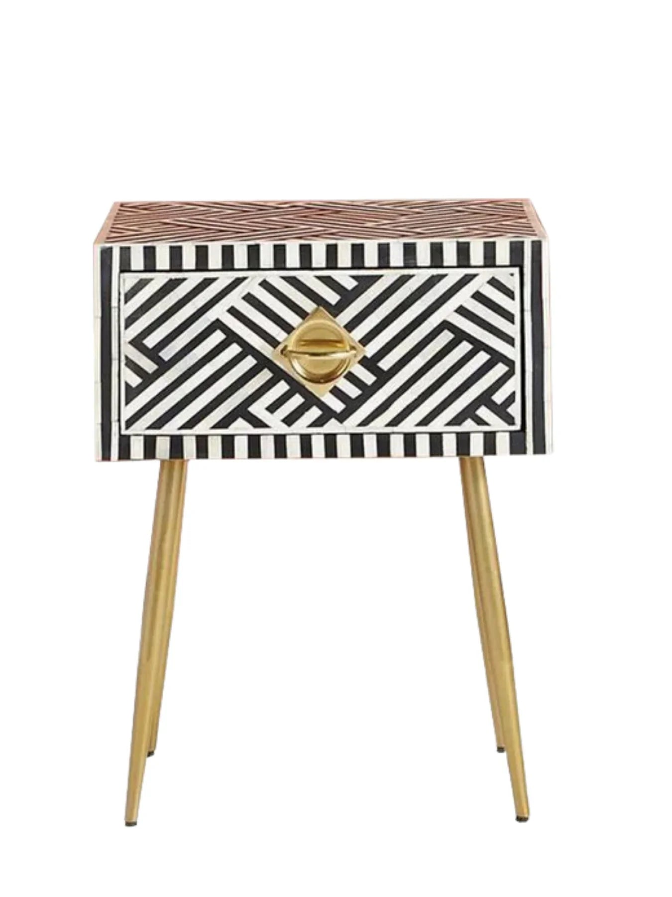 Inlay Bedside Table with Gold Legs - Chevron