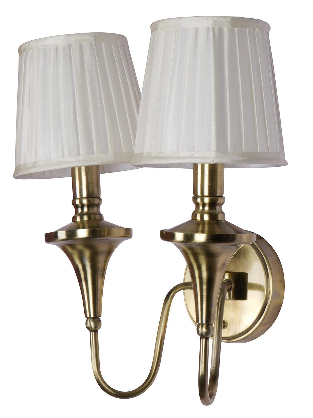 Gold Transitional 15 Inch Brass Finish Double Wall Lamp Light With White Pleated Fabric Shades