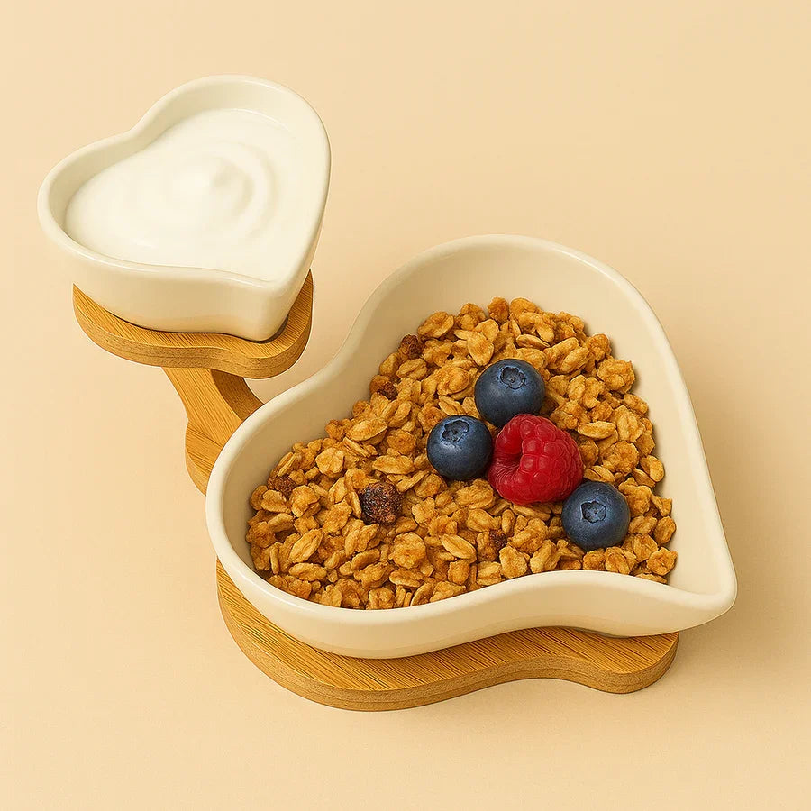 Heart Shaped Ceramic Bowl Set with Wooden Stand | Snack & Dip Server | Chips, Salsa & Dry Fruit Tray