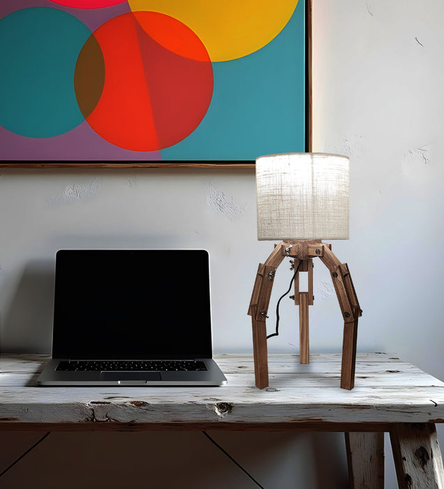 Crawler Brown Wooden Table Lamp with Yellow Printed Fabric Lampshade