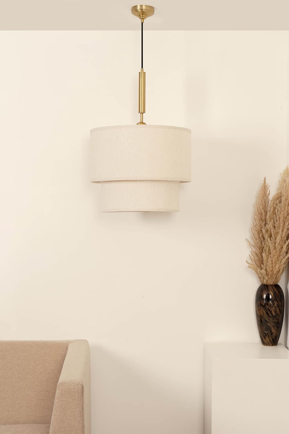 Double Beige Cotton Fabric Pendant Hanging Light Antique Brass Finish for Home Decoration, Restaurants, Cafes