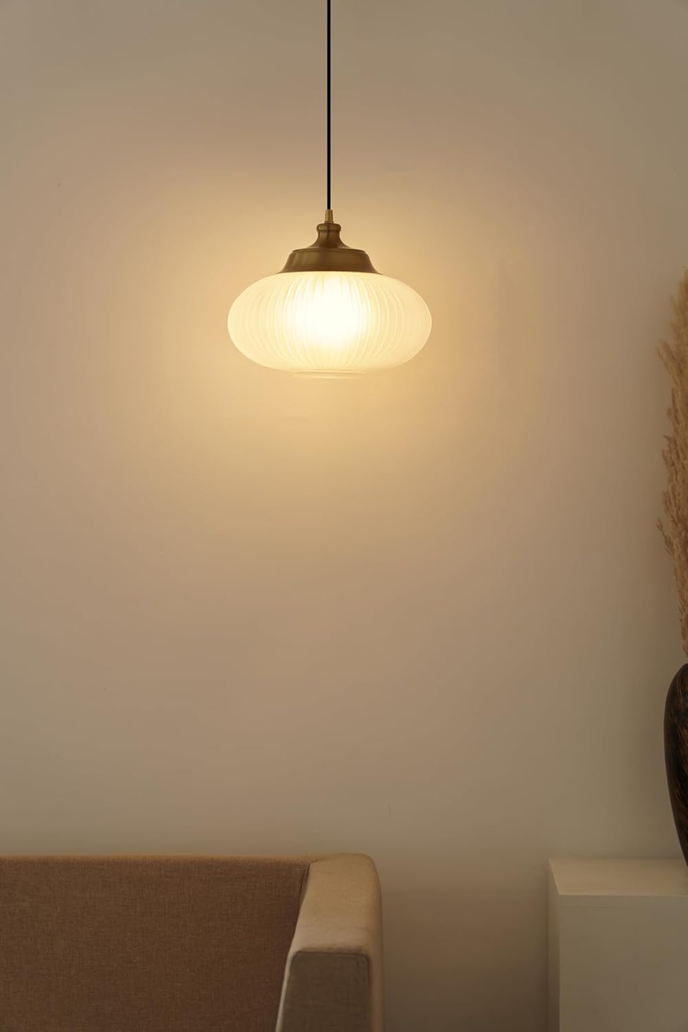 Ribbed Green Melon Glass Hanging Pendant Light Antique Brass Finish for Living Room, Bedroom, Home Decoration and Kitchen