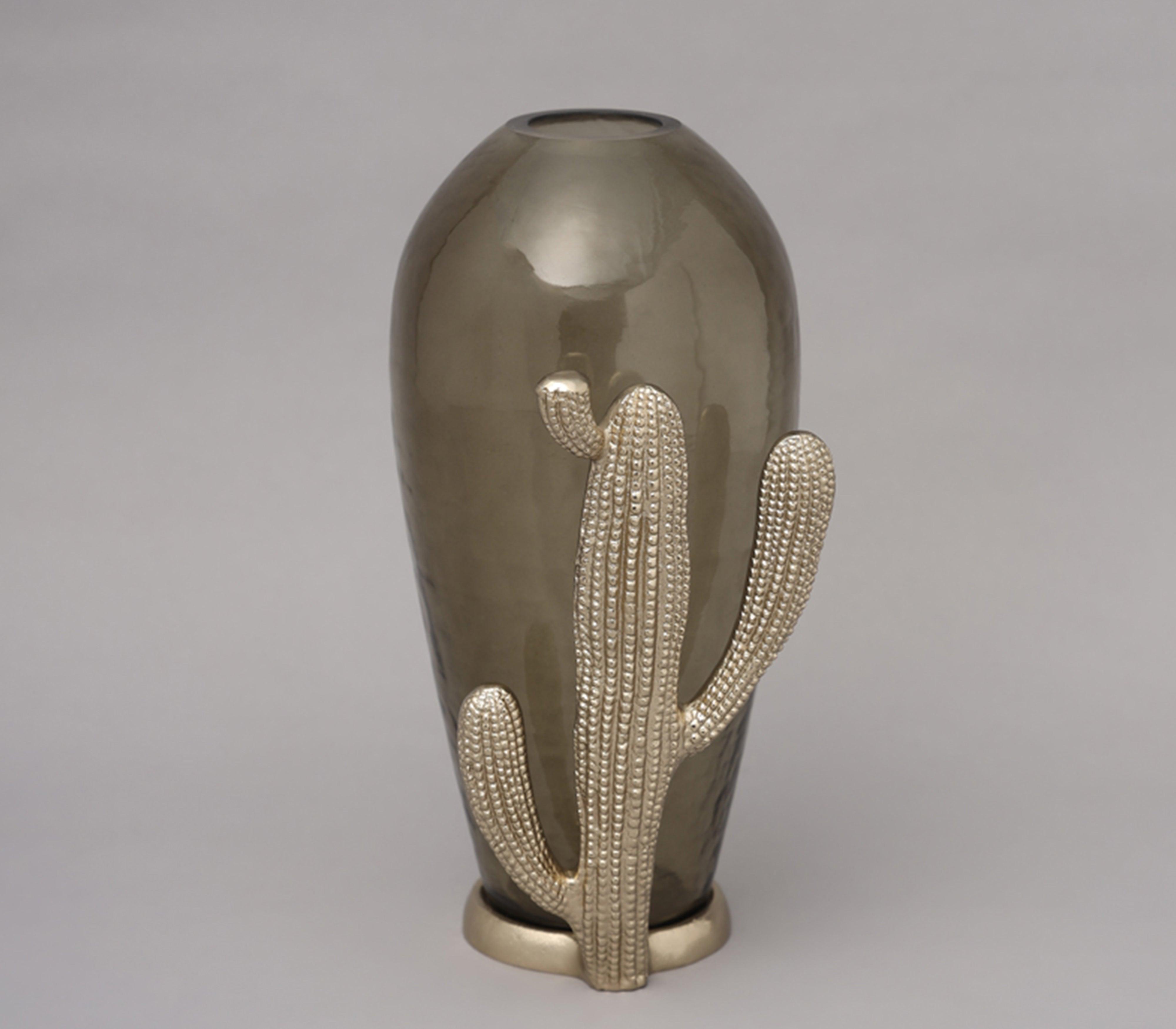 Cacti Vase | Gold Finished  with Textured Deep Olive Colored Glass