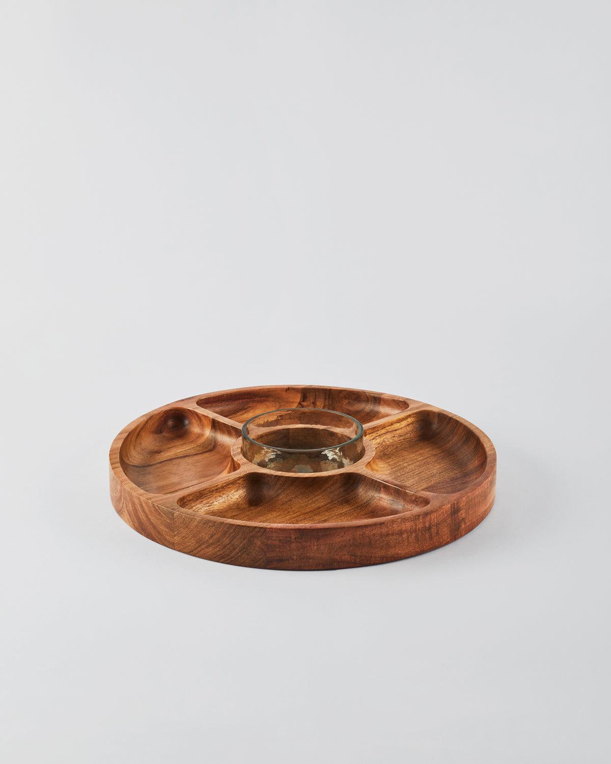 Natural Acacia Wood Snacks Serving Platter | Wooden Chip & Dip Platter with 1 Pc Glass Bowl