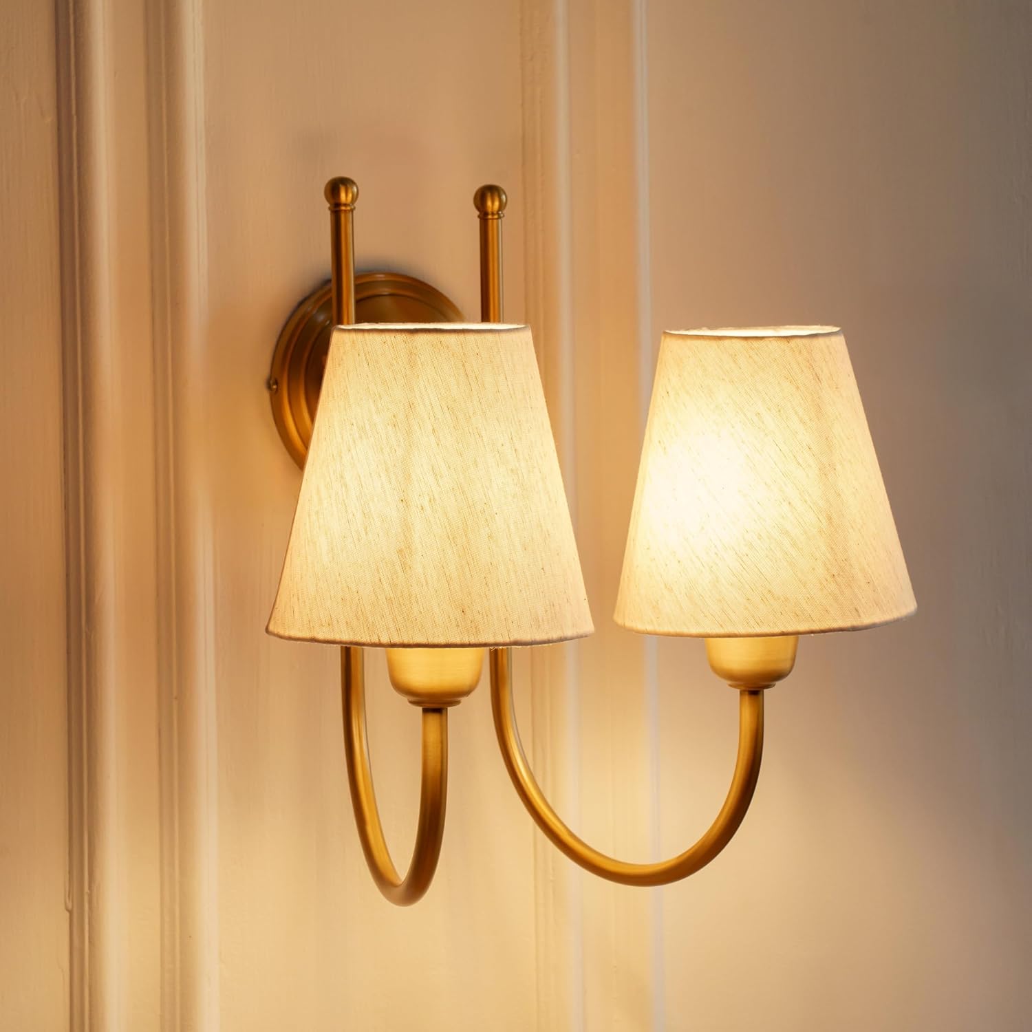 Double Hockey Wall Lamp Antique Brass Finish with Off White Glass Shade for Living Room, Bedroom and Home Decoration