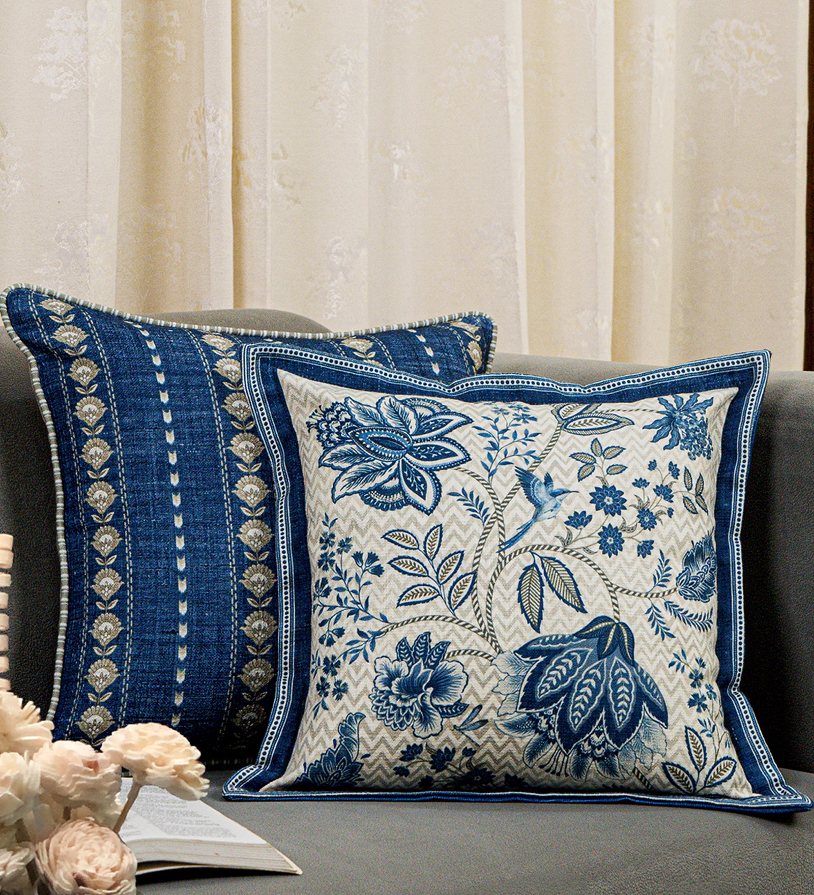 Jacobean Garden Cushion Cover - Blue , 16x16
