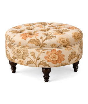 Miyabi Floral Velvet Round Ottoman with Sagwan Wood
