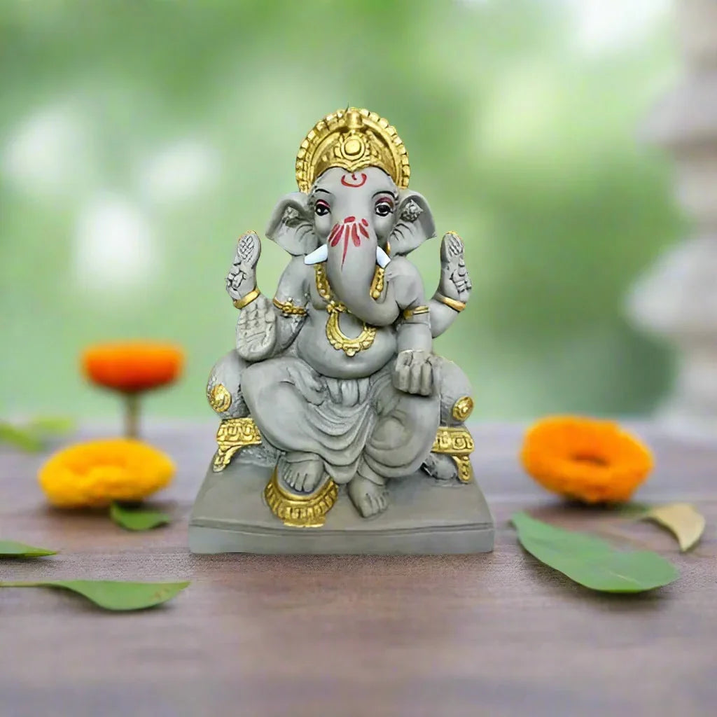 7 Inch Mukut Clay Eco Friendly Golden Touch Dagdusheth Ganesh ji