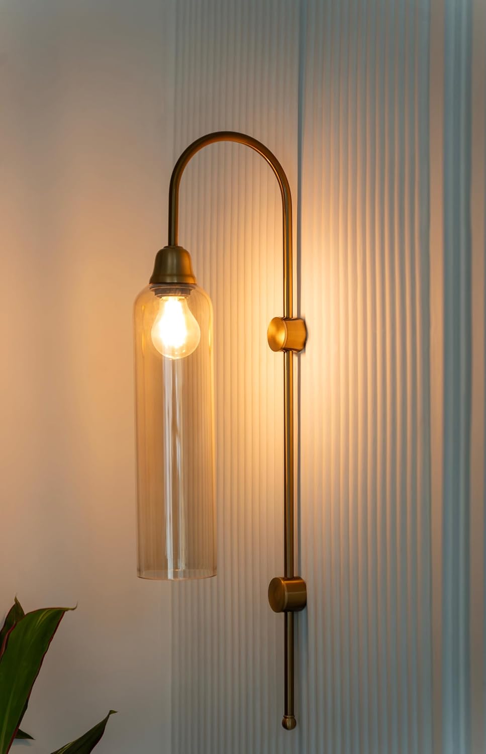 Modern Wall Lamp Antique Brass Finish with Golden Luster Long Glass for Bedside, Living Room, Bedroom, Home Decoration, Restaurant