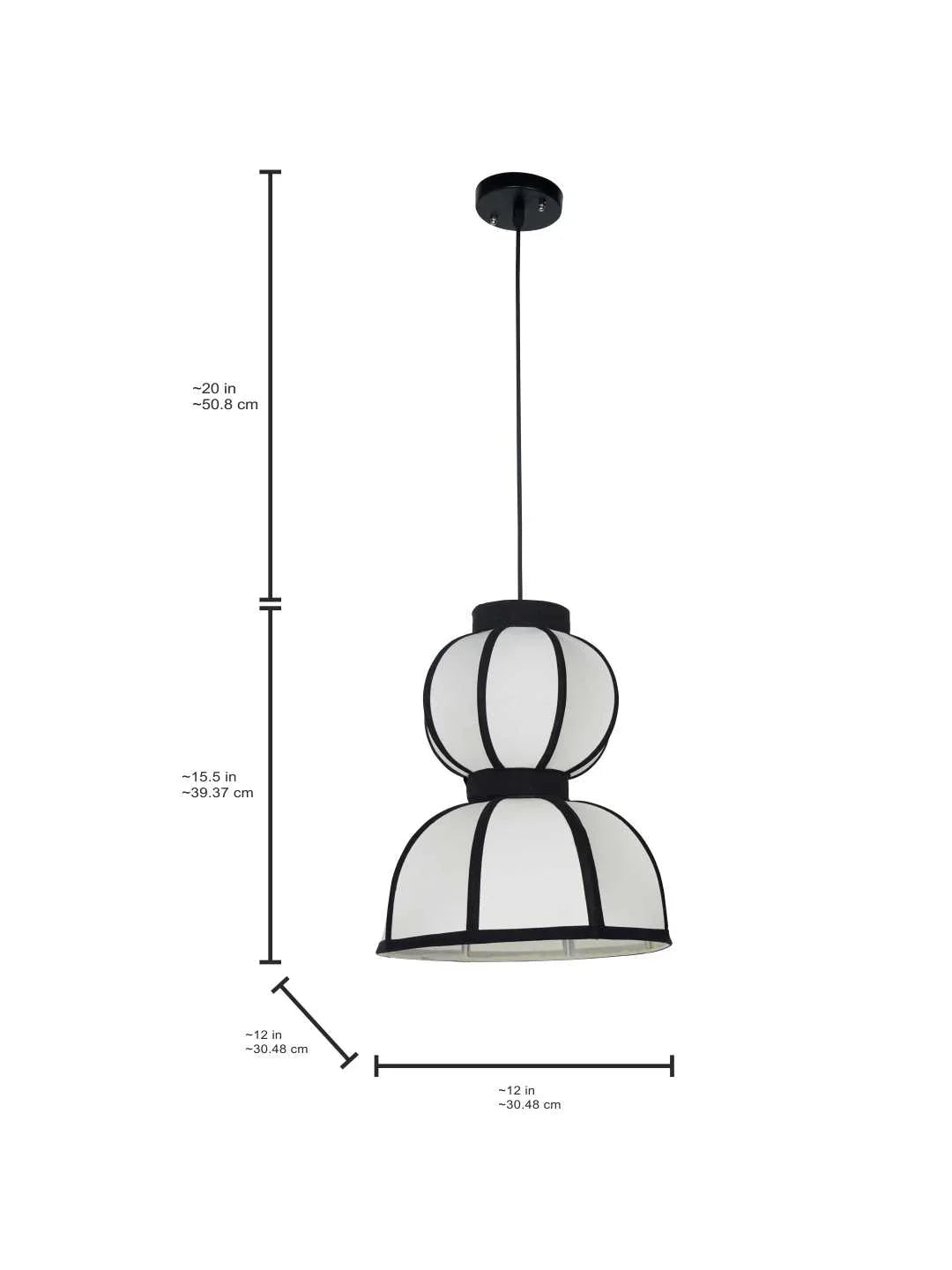 Japandi Double Bowl Fabric Pendant | Zen Asian Style White Lantern with Black Structural Ribbing | Double Bowl White Fabric Pendant Lamp