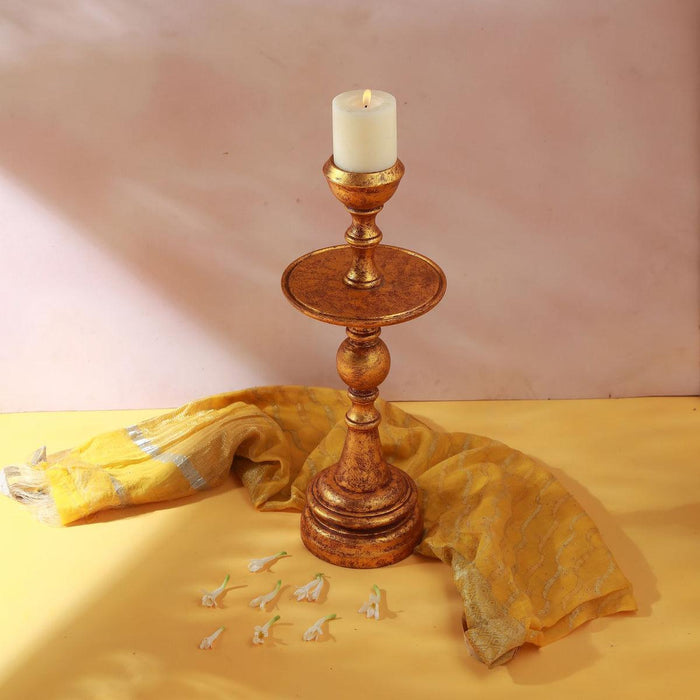 Dhyaan Wooden Pillar Candle Holder with Gold Foil Finish