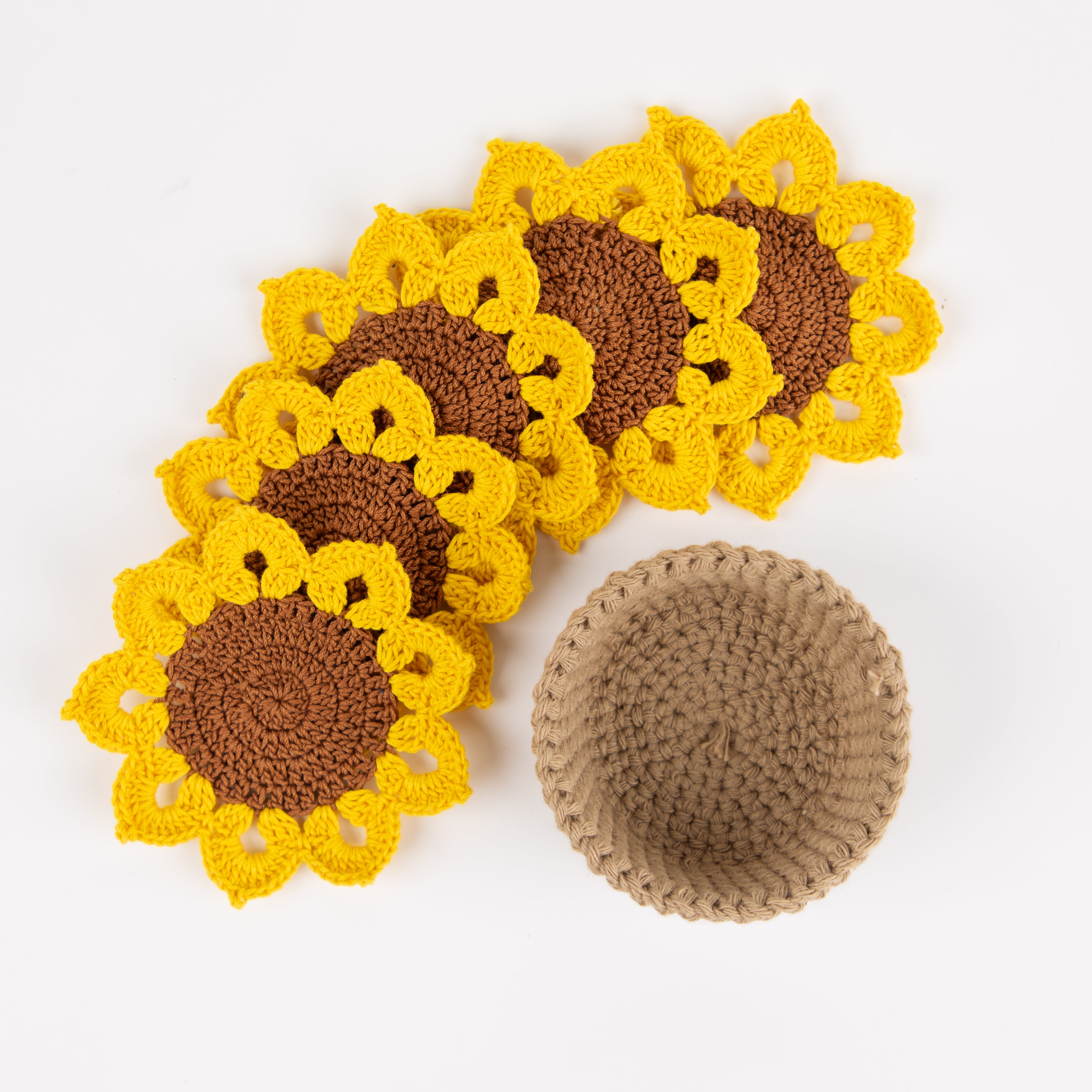 Crochet Sunflower Coasters - Mustard / 4" diameter / Set of 5