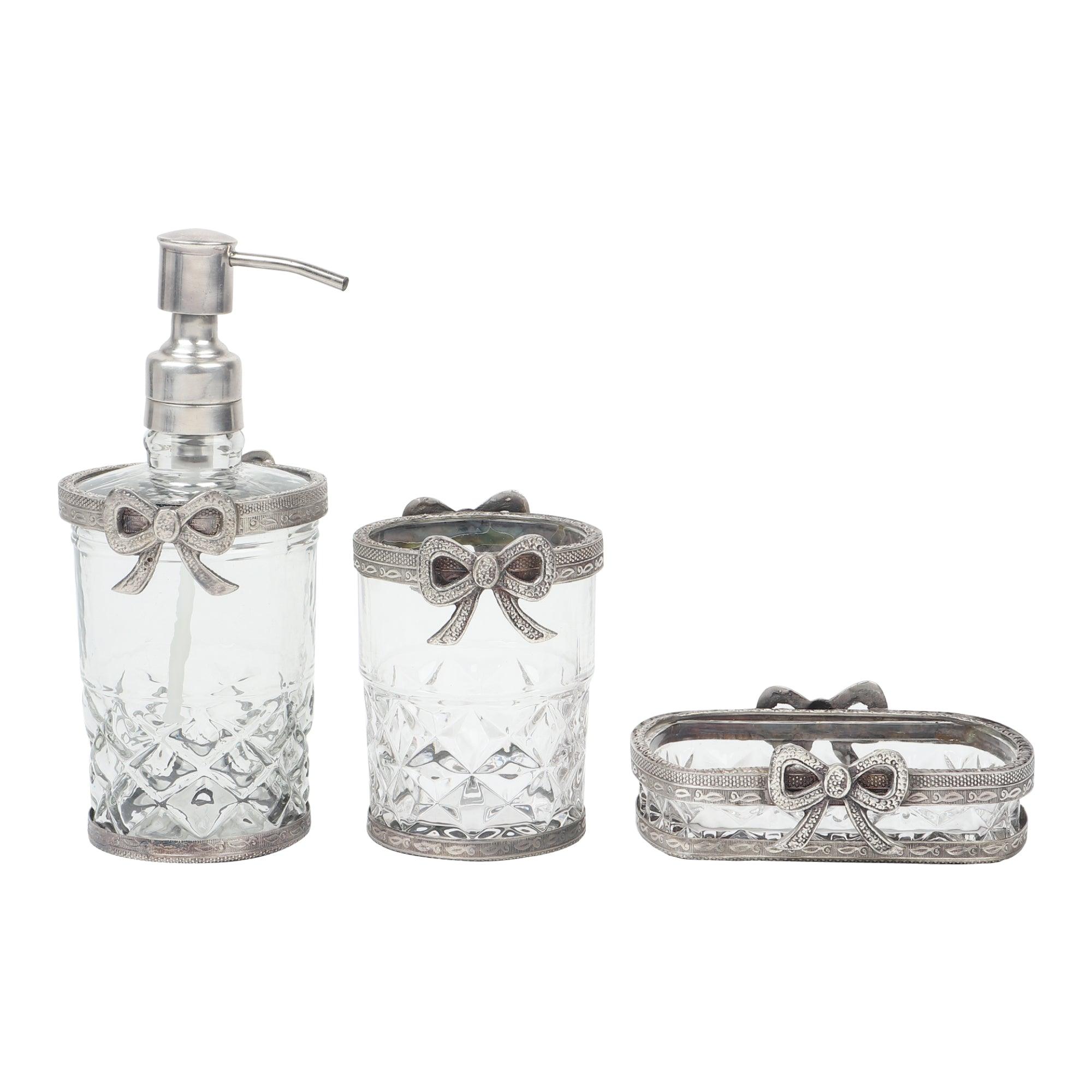 Antique Bow-Tied Glass Bathroom Silver Set