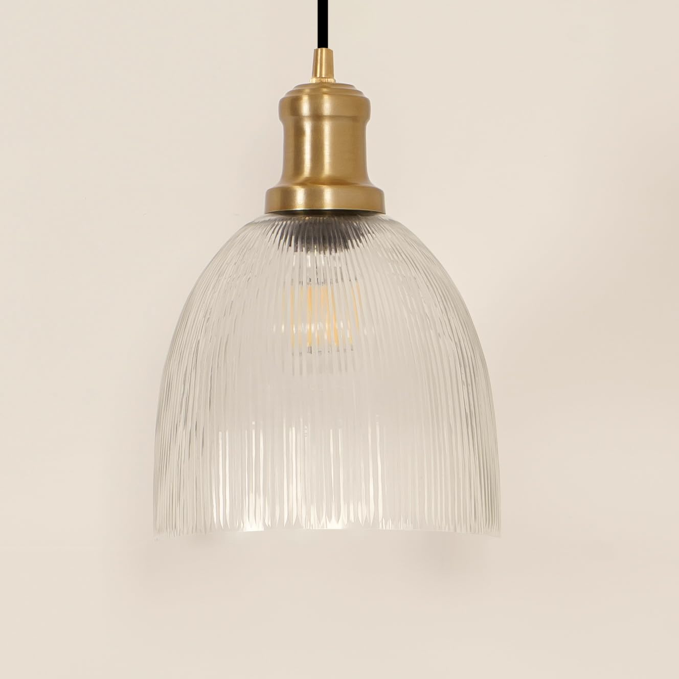 Grooved Transparent Glass Hanging Pendant Light with Antique Brass Finish for Living Room, Bedroom, Kitchen, Dining