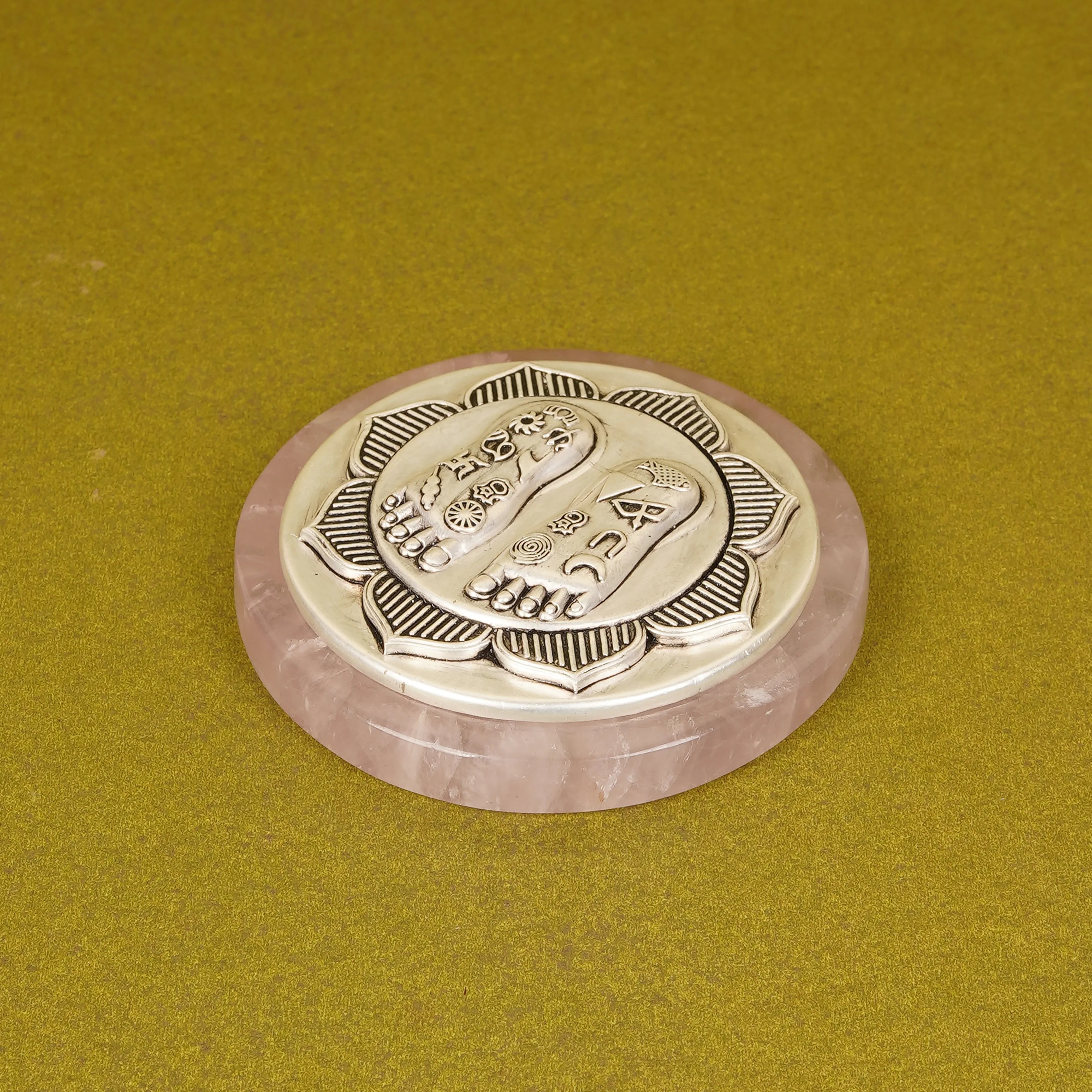Silver Plated Brass Lakshmi Charan | Sacred Goddess Feet Plaque On Rose Quartz