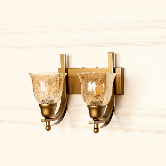 Brass Antique Finish Double J Wall Lamp with Cup Crackled Glass Golden Luster Shade