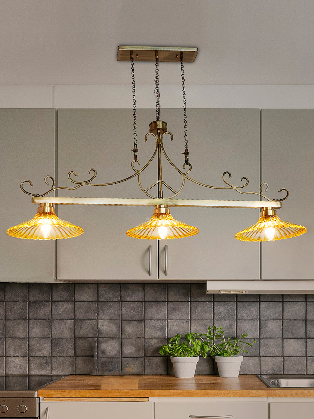 43-Inch Linear Transitional Pendant Light | Amber
  Fluted Glass Kitchen Island Fixture