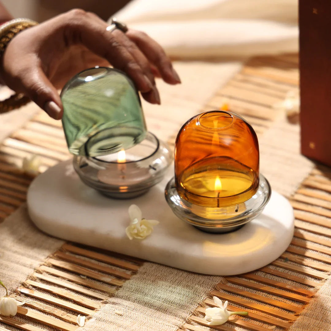 Muun Dome Tealight Holder | Borosilicate Glass Candle Holder Set in Amber & Teal Color - Set of 2