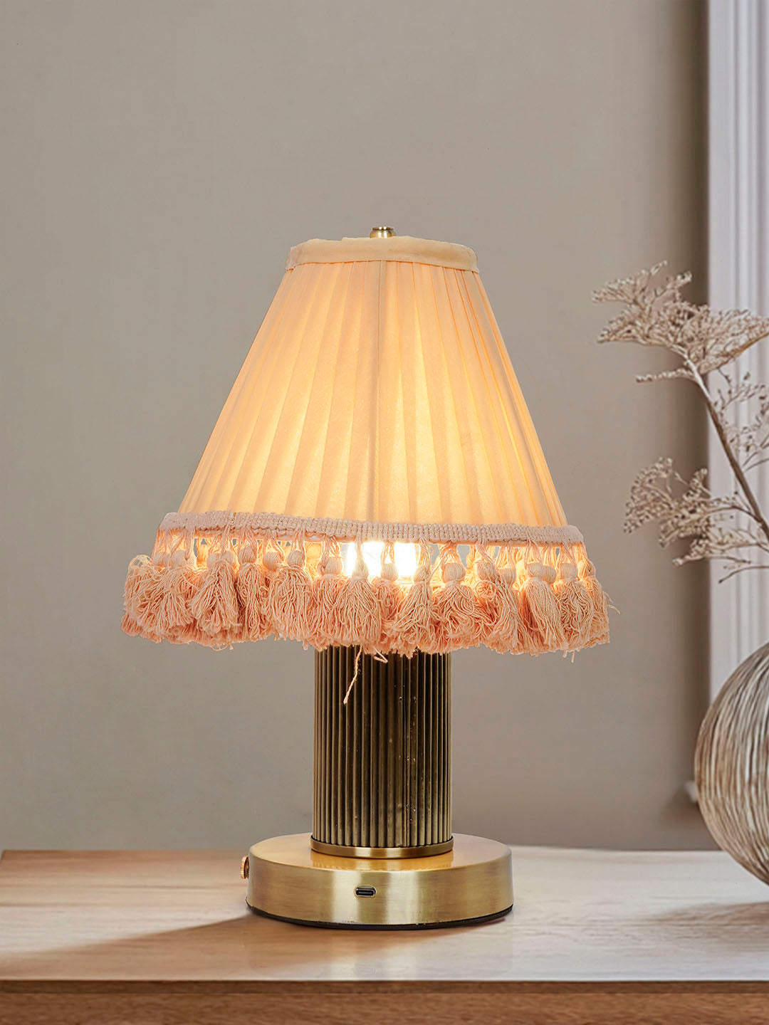 Cordless Dimmable Touch Table Lamp with Pleated Camel Fabric Shade | Antique Brass Finish